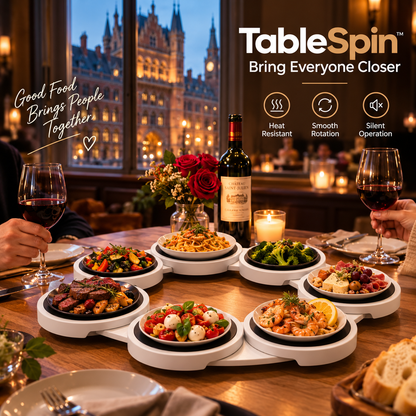 A dining table scene with a multi-plate food server labeled TableSpin holding several small dishes, surrounded by wine glasses, a bottle of red wine, candles, and an evening city window view. Text callouts mention heat resistant, smooth rotation, and silent operation.