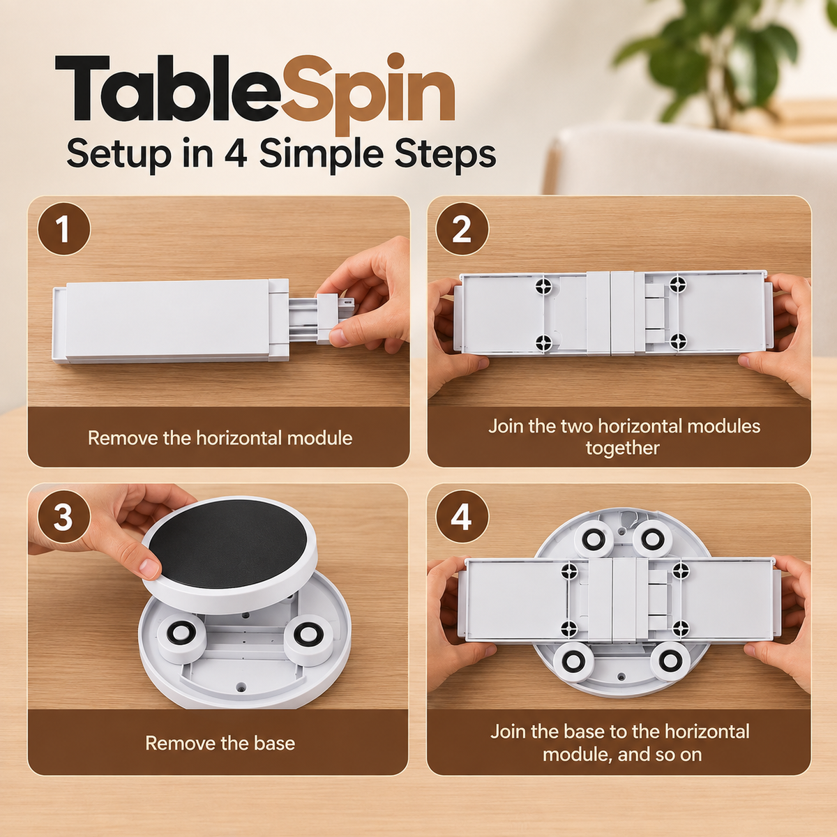 Instructional graphic for TableSpin setup with four numbered panels showing hands assembling a white circular base and joining it to horizontal modules on a wood surface.