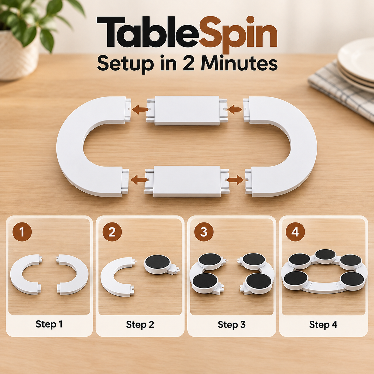 TableSpin magnetic table top spinner set shown on a wooden tabletop, with the assembled white U-shaped spinner in the center and four inset steps below showing the mounting and adhesive placement. Text at the top reads 'TableSpin Setup in 2 Minutes.