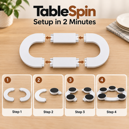 TableSpin magnetic table top spinner set shown on a wooden tabletop, with the assembled white U-shaped spinner in the center and four inset steps below showing the mounting and adhesive placement. Text at the top reads 'TableSpin Setup in 2 Minutes.