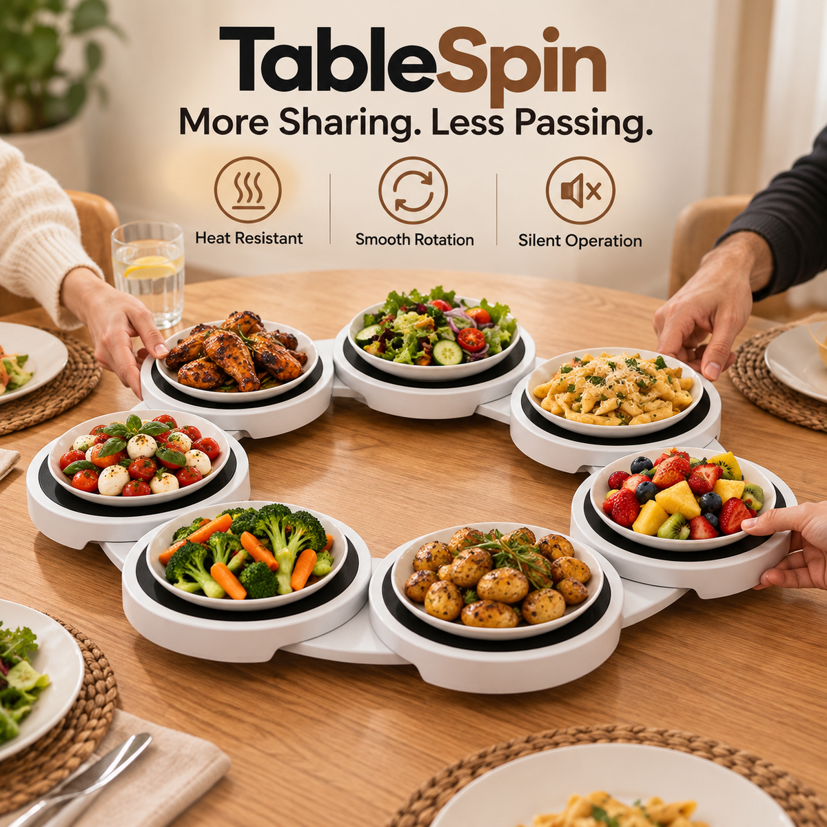 A tabletop dining scene showing a multi-plate food rotation system labeled TableSpin, with several hands placing or holding plates of food around a wooden table. The system consists of multiple small round dishes on a white rotating base, with promotional text and icons above describing features like heat resistance, smooth rotation, and silent operation.