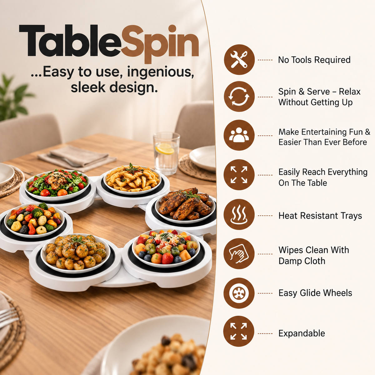 TableSpin heated serving trays displayed on a wooden dining table, with food dishes in the center and a vertical list of features on the right side.