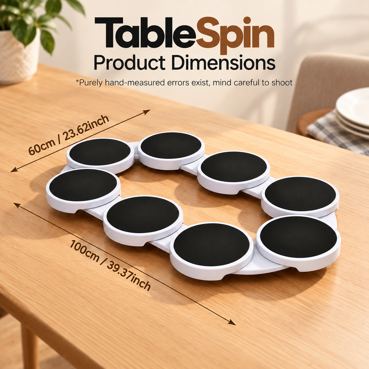 TableSpin product dimensions diagram showing a 7-drum circular table top spinнер on a wooden table, with arrows and text indicating 60cm diameter and 100cm circumference.