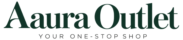 Aura Outlet logo in dark green serif text with the tagline 'YOUR ONE-STOP SHOP' on a plain white background.