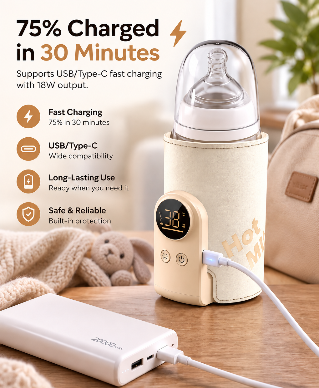 A warm milk bottle cooler and charging station shown on a wooden table with a blanket, featuring a beige insulated bottle holder with a small digital display, a white power bank, and promotional text about fast charging.
