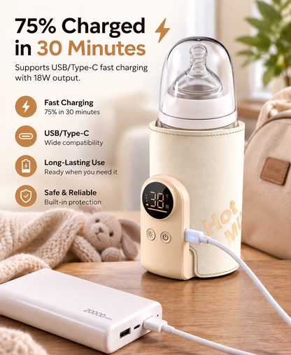 A warm milk bottle cooler and charging station shown on a wooden table with a blanket, featuring a beige insulated bottle holder with a small digital display, a white power bank, and promotional text about fast charging.